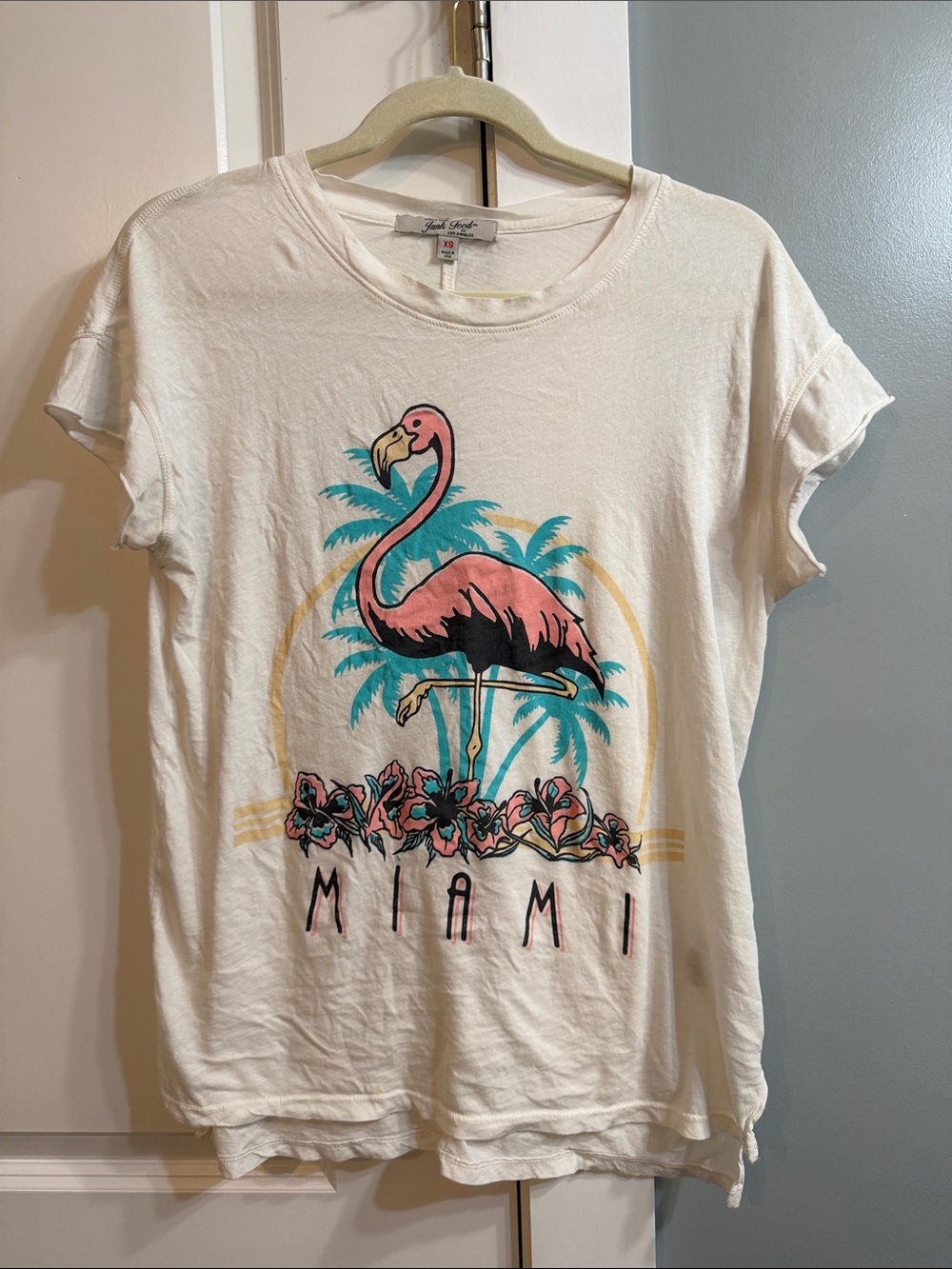 Junk Food 100% cotton Cream Slub Miami Flamingo and Palm Tee cap sleeve XS soft!